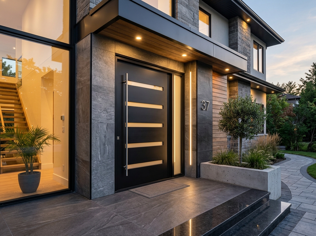Puerta de acceso residencial moderna en aluminio negro - Vidriera Monza Mexicali